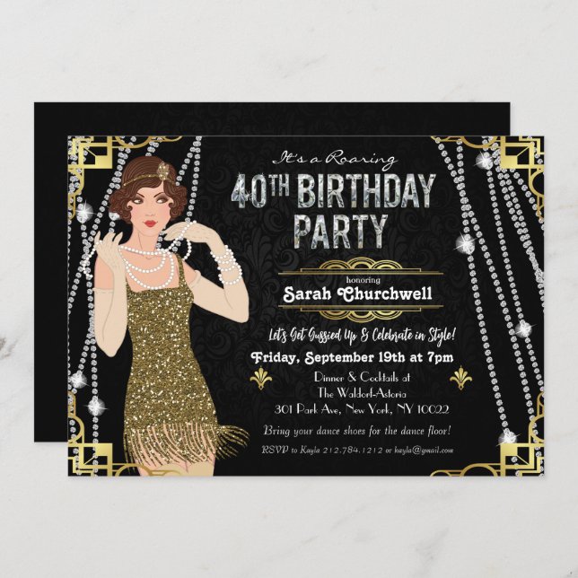 Gran Chica Gatsby Flapper 40 cumpleaños invitación (Anverso / Reverso)