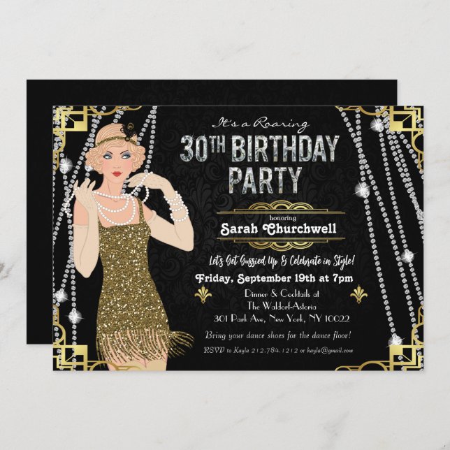 Gran Chica Gatsby Flapper Invitación a cumplir 30  (Anverso / Reverso)