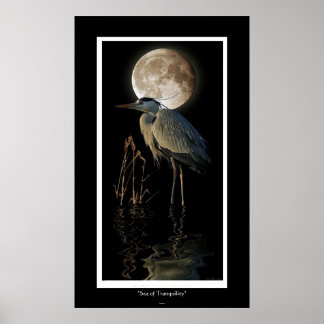 Gran garza azul, cañas y arte lunar impresos