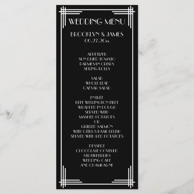 Gran Gatsby Blanco Negro Menú Boda Art Deco (Anverso)