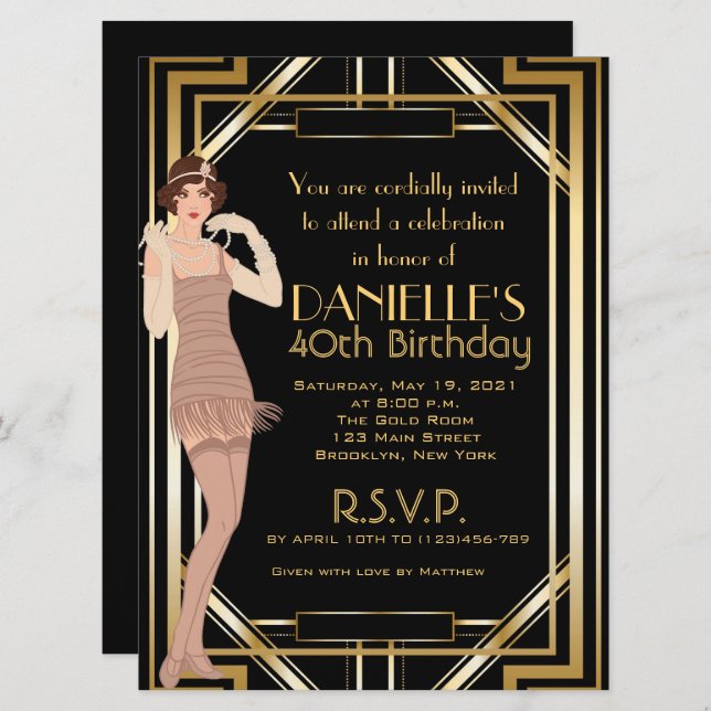 Gran Gatsby inspirado Art Deco Invitación de cumpl (Anverso / Reverso)