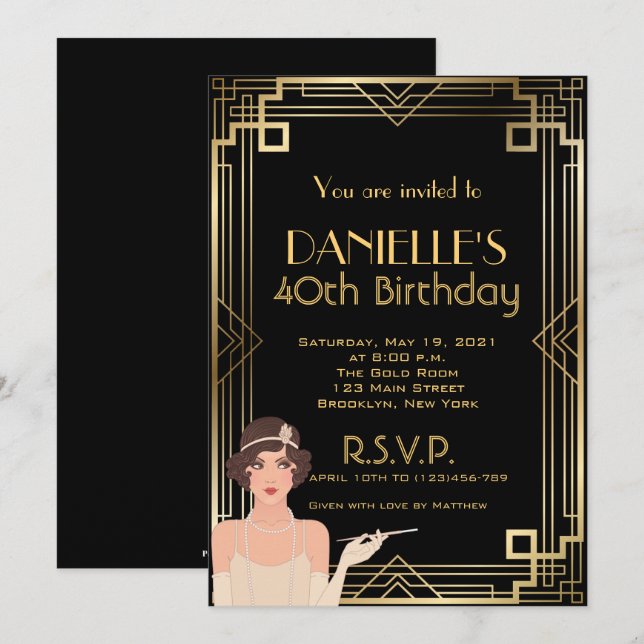 Gran Gatsby inspirado Art Deco Invitación de cumpl (Anverso / Reverso)