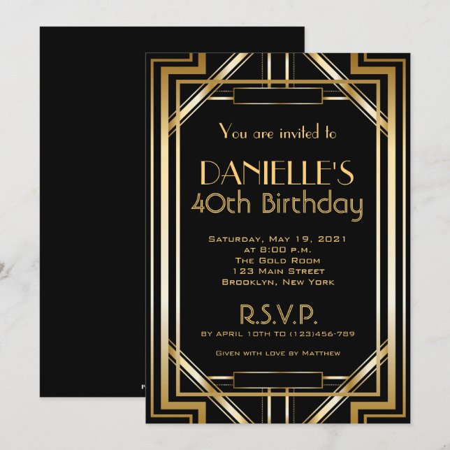 Gran Gatsby inspirado Art Deco Invitación de cumpl (Anverso / Reverso)