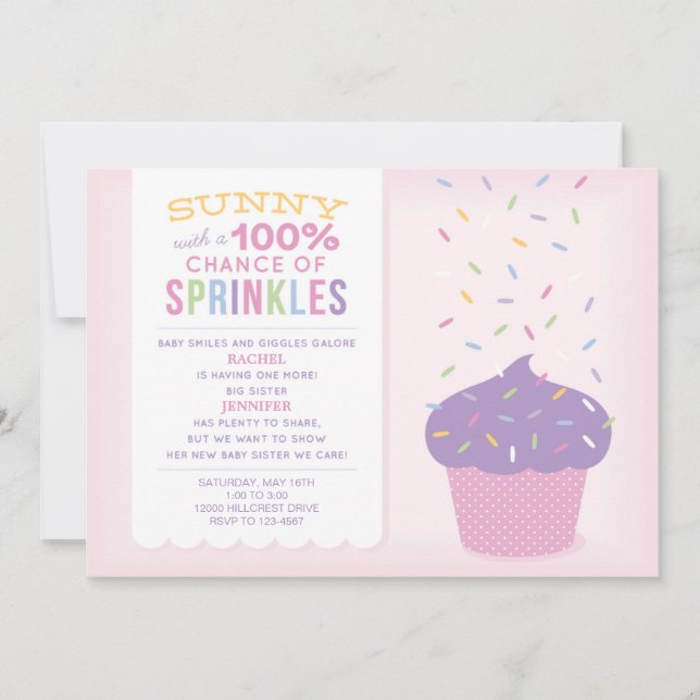 Gran Hermana Rosa Cupcake Baby Sprinkle Invitación (Anverso)