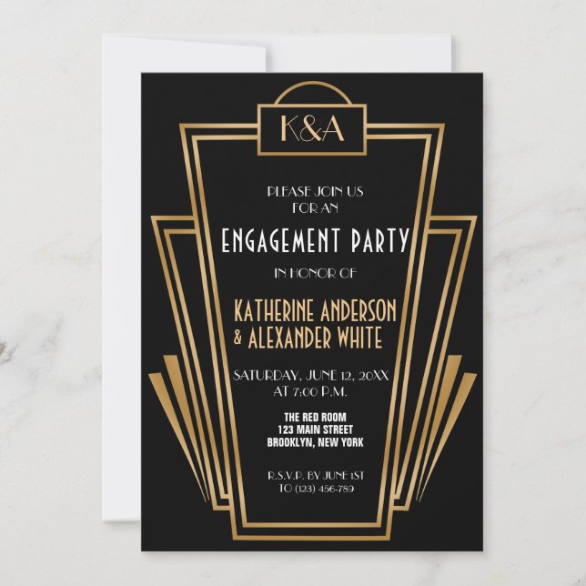 Gran invitación a la fiesta de compromiso Art Deco (Anverso)