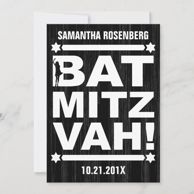 Gran invitación a Mitzvah de bate en negro (Anverso)