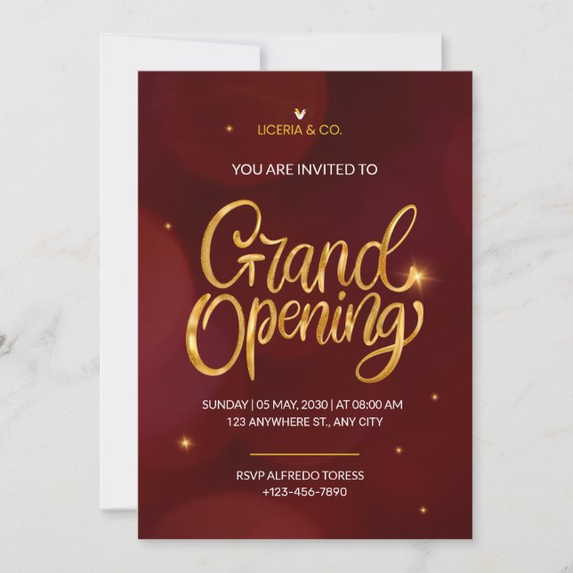 Gran invitación de apertura con elegancia roja y d (Anverso)