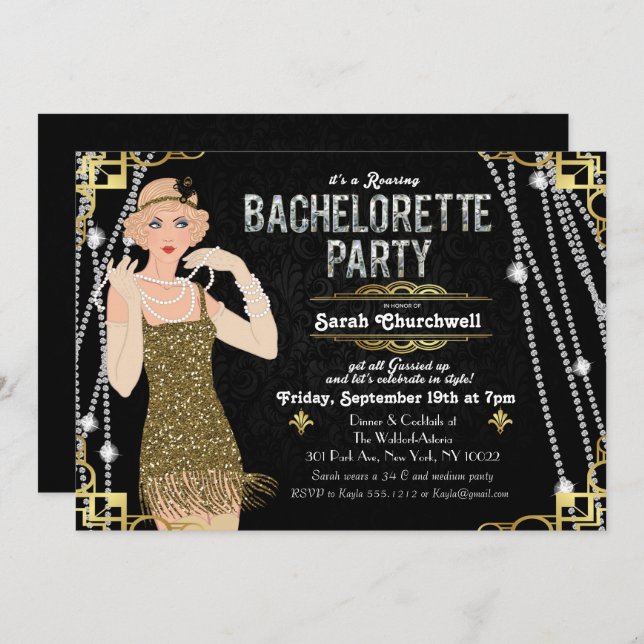 Gran Invitación de Bachelorette Chica de Flapper G (Anverso / Reverso)