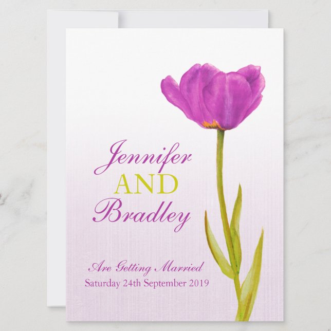 Gran invitación de boda con un solo tulipán morado (Anverso)