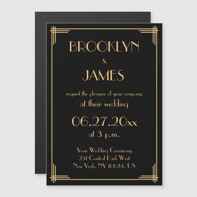 Gran invitación de Boda de Gatsby en Art Deco Negr (Anverso/Reverso)