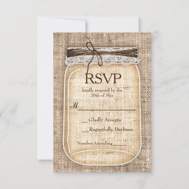 Gran Mason Jar & Burlap Lace Rustic Wedding RSVP (Anverso)