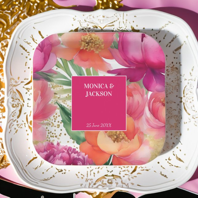 Gran naranja rosa peony elegante vajilla de boda (Bold pink orange peony flowers elegant wedding tableware personalized paper plates wedding decor)