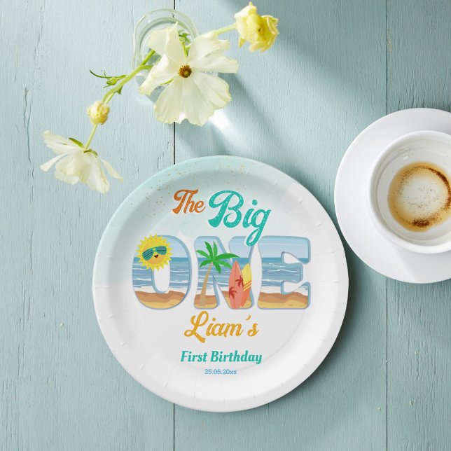 Gran One surf playa de verano vajilla de cumpleaño (Big One surfing beach summer birthday party personalized tableware monogram printed Paper Plates)
