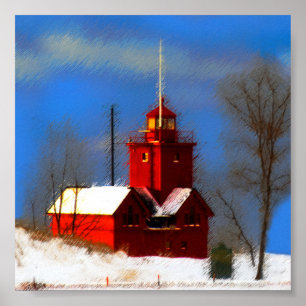 Gran pintura de faro rojo - Arte original