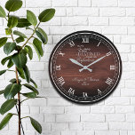 Gran reloj de aniversario personalizado de madera<br><div class="desc">Diseño divertido y personalizado. Hace el regalo perfecto para un aniversario o para el fiesta recién casado. Un fondo de bonito falso de madera, con un sentimiento encantador que dice "el amor que compartimos está destinado a envejecer hasta la perfección", junto con los nombres de la pareja y la fecha...</div>