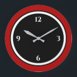 Gran reloj rojo negro y blanco Minimalista<br><div class="desc">El reloj moderno presenta un diseño minimalista en una paleta de colores rojo, negro y blanco. Un diseño sencillo y sencillo con números blancos sobre un fondo negro con un borde rojo. Una elegante y moderna adición a su cocina, sala de estar o pared de oficinas, un moderno regalo de...</div>