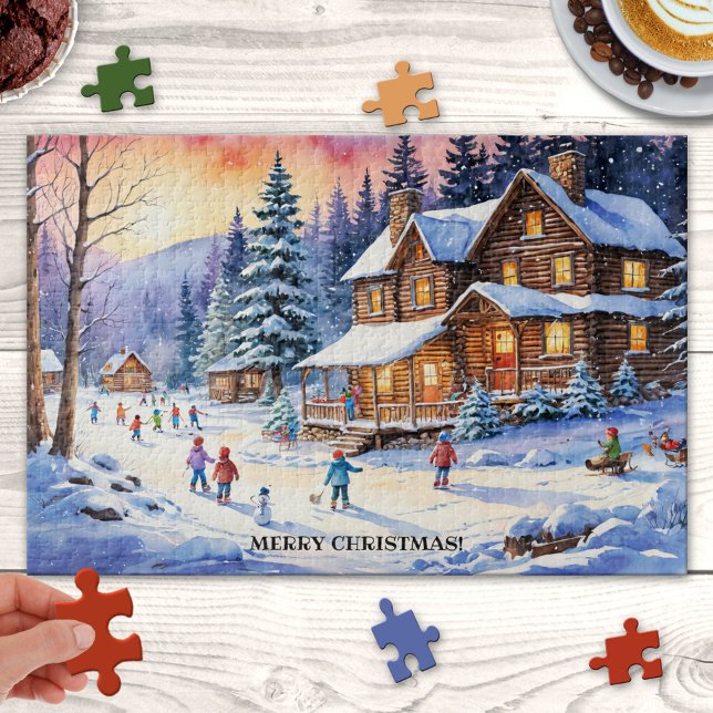 Gran rompecabezas familiar de Navidades divertidos (Lovely large Christmas puzzle featuring a happy winter wonderland with children playing in the snow)