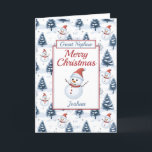 Gran sobrino Feliz Navidad Snowman<br><div class="desc">Una preciosa tarjeta de Navidades sobrinos. El patrón de diseño presenta adorables hombres de nieve con sombreros y bufandas de santa roja y abetos azules cubiertos de nieve, todo en un fondo nevado. Todo el texto se puede modificar según sea necesario para el personalizar - cambiar el gran sobrino a...</div>