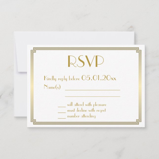 Gran Tarjeta RSVP de Boda de Oro Blanca Gatsby Art (Anverso)