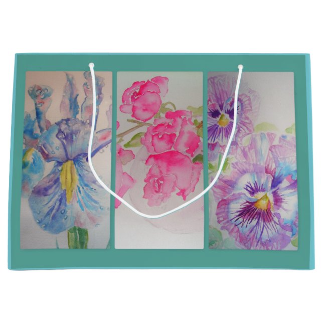 Grande Bolsa de regalo acuarela flores turquesa (Anverso)