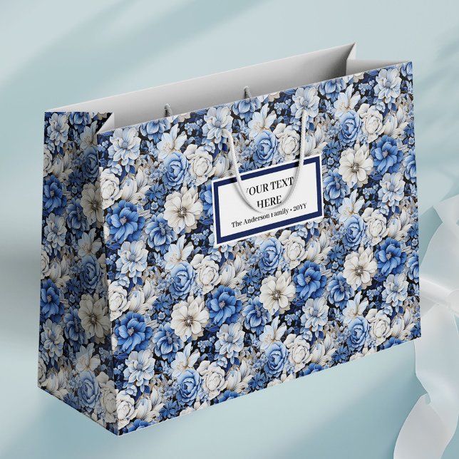 Grande Bolsa De Regalo Con Flores De Marfil Blanco Chic N (Chic Navy White Ivory Floral Stylish Gift Bag)
