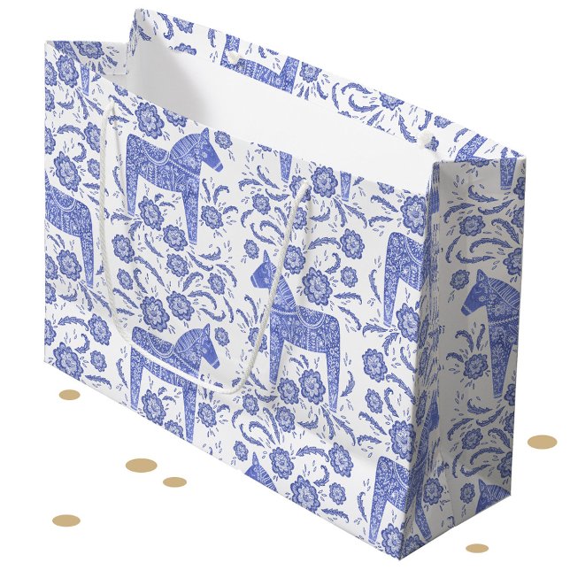 Grande Bolsa de regalo Dala sueca de caballo azul y blanc (Swedish Dala Horse blue and white gift bag)