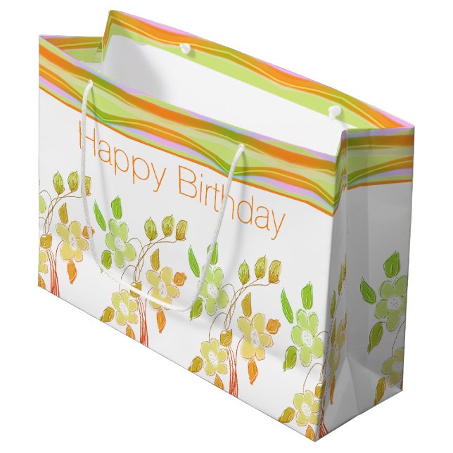 Grande Bolsa de regalo de acento floral verde y naranja (Angulo Anverso)