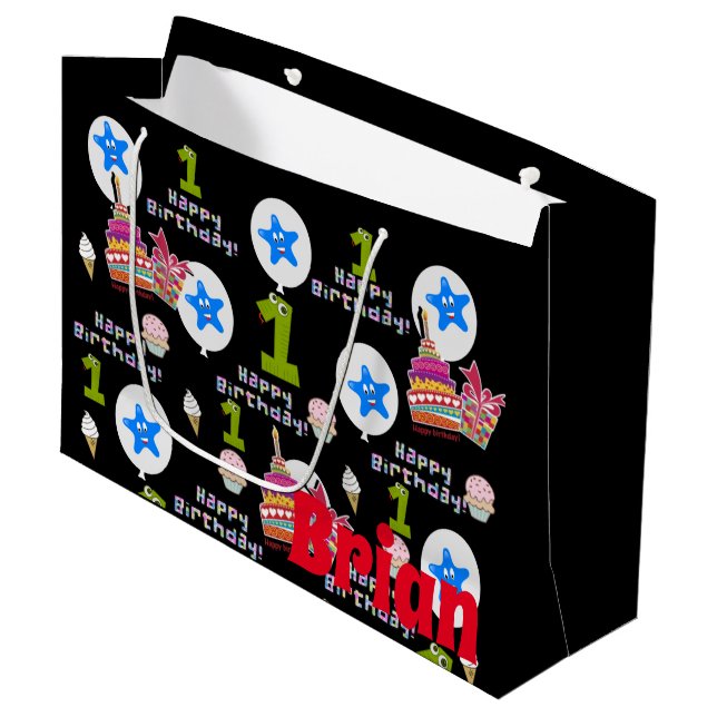 Grande Bolsa de regalo de cumpleaños feliz #1 negro (Angulo Anverso)