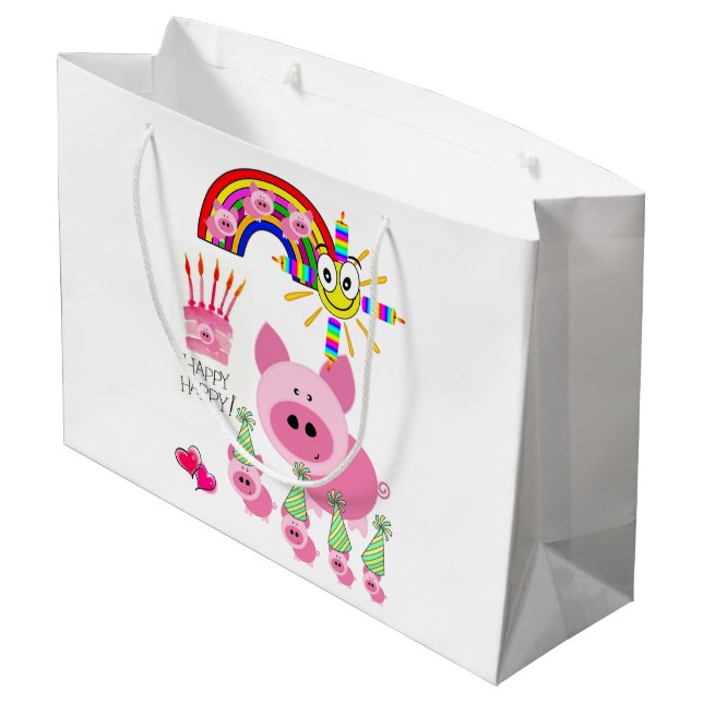 Grande Bolsa de regalo de cumpleaños feliz cerdo rosa (Angulo reverso)