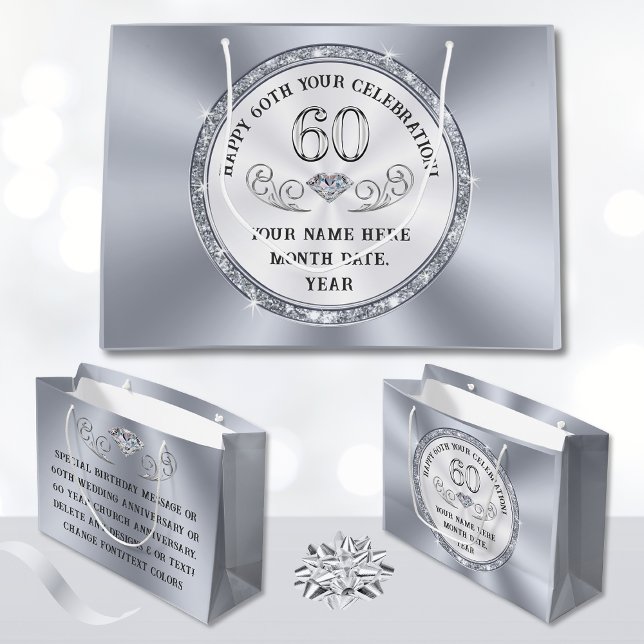 Grande Bolsa de regalo de cumpleaños número 60 personaliz (60th Gift Bag Ideas. 60th church anniversary ideas or 60th gift wrap, for any occasion. Gift Bags.)