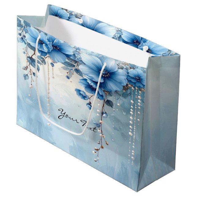 Grande Bolsa de Regalo de Flores Azules y Perlas (Angulo Anverso)