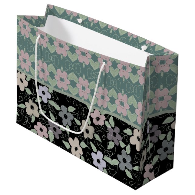 Grande Bolsa De Regalo De Flores Negra Y Verde azulada (Angulo Anverso)