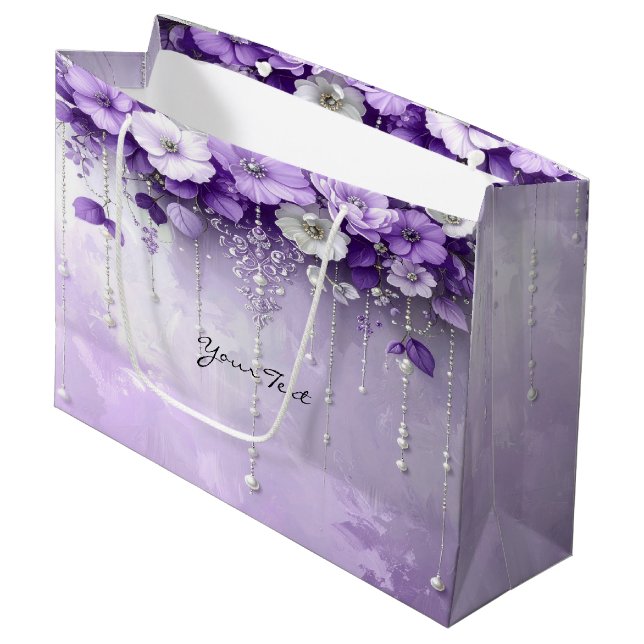 Grande Bolsa de regalo de flores púrpuras con perlas colg (Angulo Anverso)