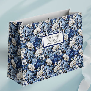 Grande Bolsa de regalo de lujo con flores de marfil azul