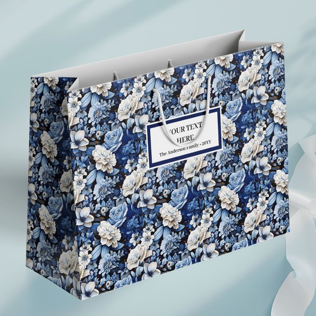 Grande Bolsa de regalo de lujo con flores de marfil azul  (Make every gift feel extra special with this elegant gift bag, featuring an opulent design of navy b)