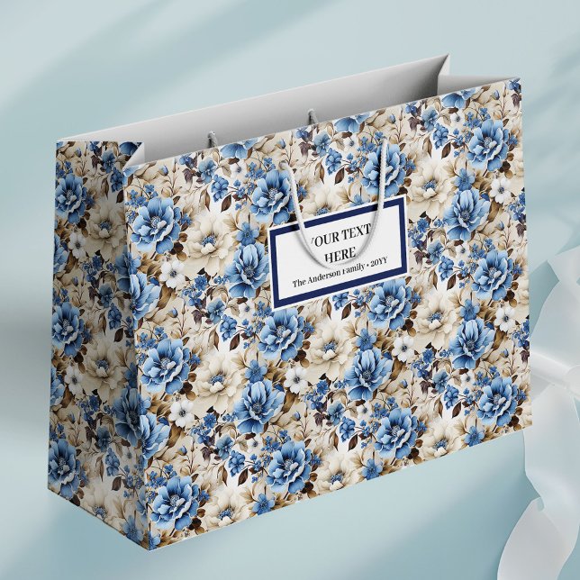 Grande Bolsa de regalo de lujo con flores sofisticadas de (Sophisticated Navy Blue Floral Luxury Gift Bag)