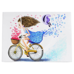 Grande Bolsa de regalo de niña feliz con bicicleta