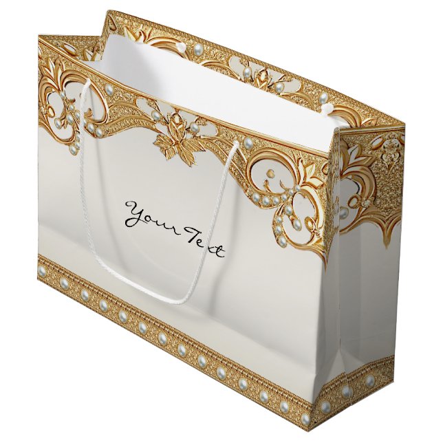 Grande Bolsa de regalo de Perlas Blancas Ornate Gold (Angulo Anverso)