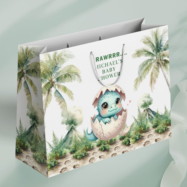 Grande Bolsa de Regalo de Tema para Fiesta de Bebé Dino B (Hatching Soon Baby Dino Gift Bag Shower Theme)