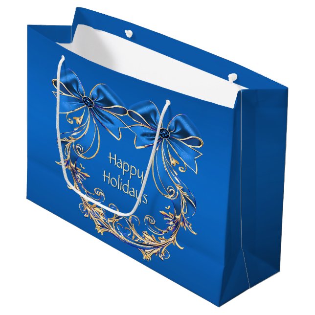 Grande Bolsa de regalo de vacaciones Blue Gold Flowers (Angulo Anverso)