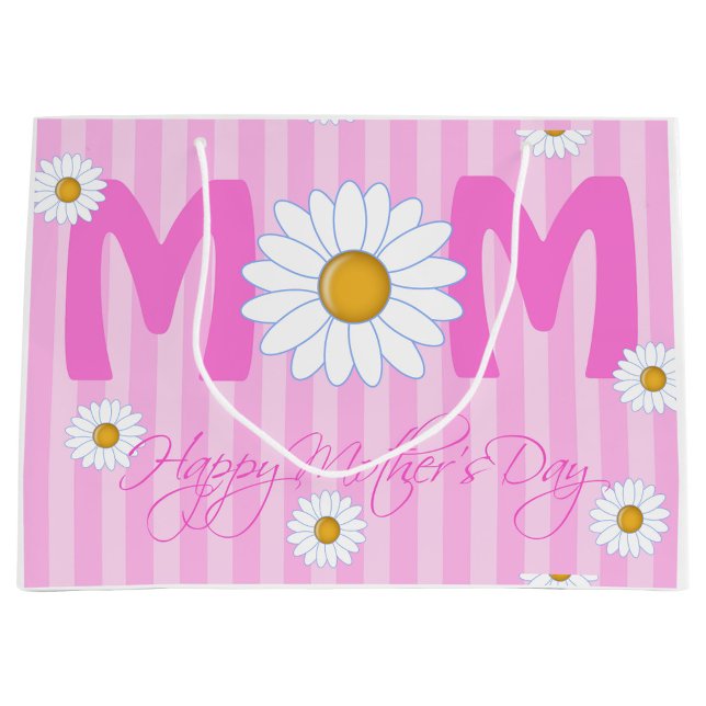Grande Bolsa de regalo del Día de la Madre Feliz (A vibrant gift bag featuring bold pink stripes and large daisies. )