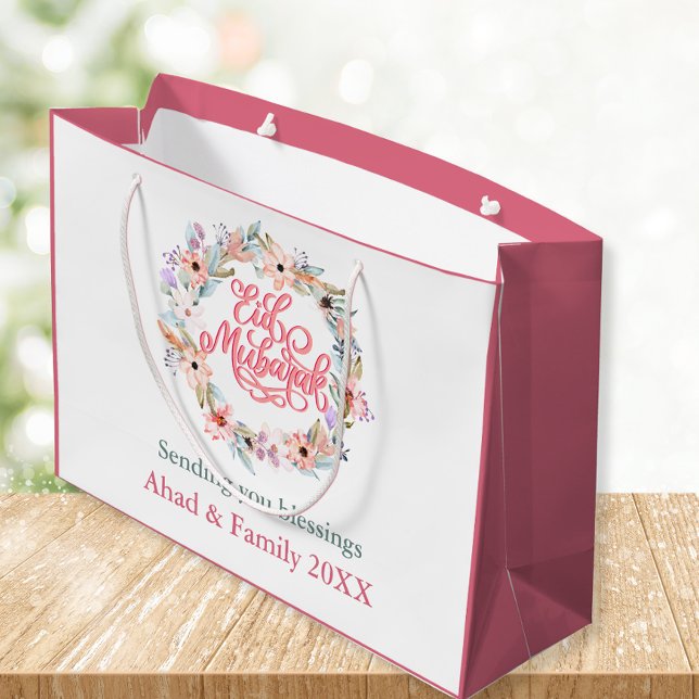 Grande Bolsa de regalo Eid Mubarak, floral blanca y rosa  (Subido por el creador)