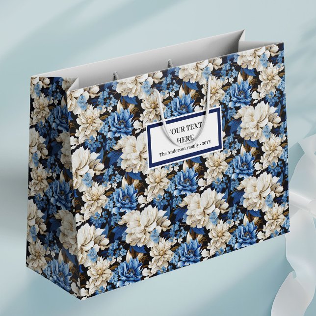 Grande Bolsa de regalo elegante con flores azules marino  (Trendy Navy Blue Floral Stylish Gift Bag)