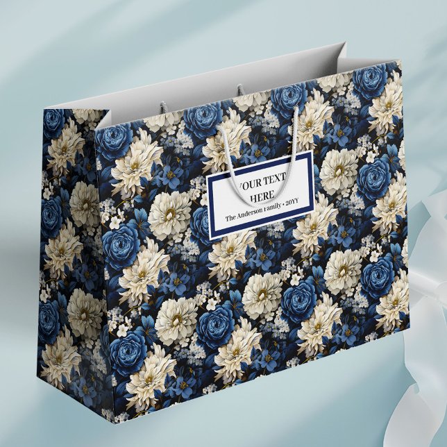 Grande Bolsa de regalo elegante con flores de marfil azul (Designer Navy Blue Ivory Floral Chic Gift Bag)
