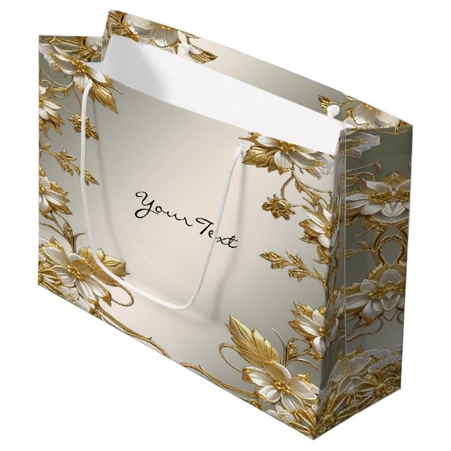 Grande Bolsa de regalo ornamentada dorada floral blanca (Angulo Anverso)