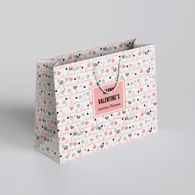 Grande Bolsa de regalo personalizada con letras de corazó (Chic Anniversary Heart Lettering Custom Gift Bag)