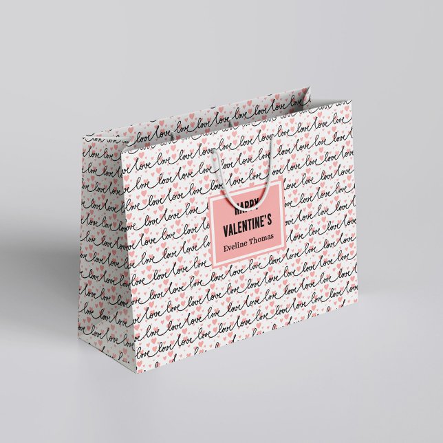 Grande Bolsa de regalo personalizada de San Valentín cora (Personalized Wedding Gift Bag Pink Black Heart Sketch)