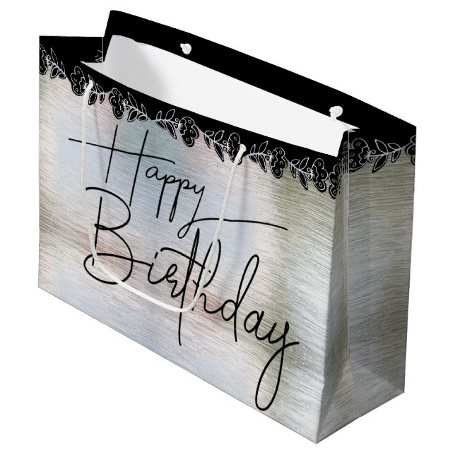 Grande Bolsa de regalo plateada con flores para cumple (Angulo Anverso)