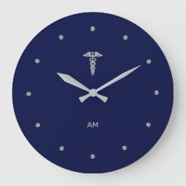 Grande Caduceo gris plateado en reloj redondo azul marino