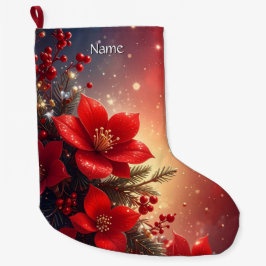 Grande Calcetín Navideño Floral Rojo de Navidad